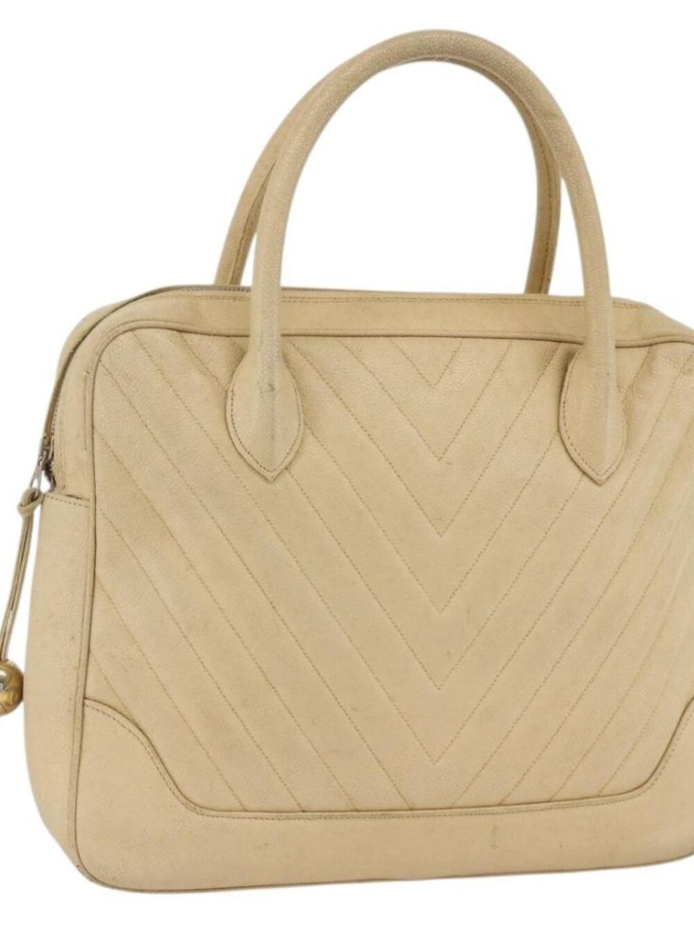 CHANEL Hand Bag Grained Calf Skin Cream Gold CC Auth 174548